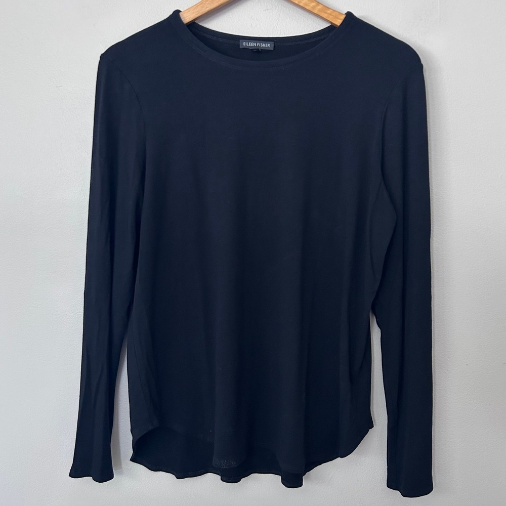 Eileen Fisher Top Womens Large Black Viscose Stretch Long Sleeve Curved Hem